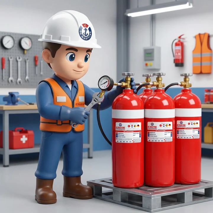 Finn, the OZ Maritime mascot, checking fire extinguishers in a workshop.