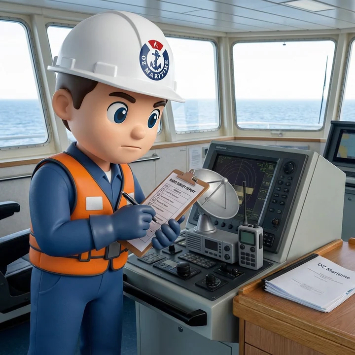 Finn, the OZ Maritime mascot, checking marine radio equipment on a vessel's bridge.