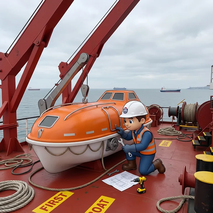 Finn, the OZ Maritime mascot, inspecting an orange lifeboat beneath its davit.