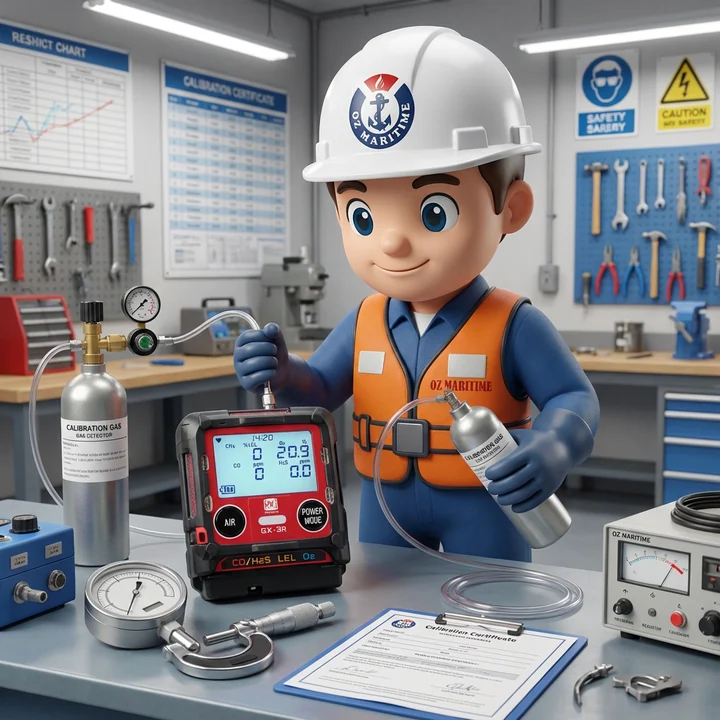 Finn, the OZ Maritime mascot, working with measuring instruments at a calibration bench.