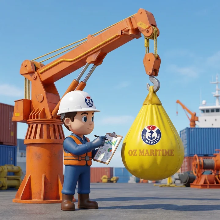 Finn, the OZ Maritime mascot, beside a crane and a yellow load-test water bag.